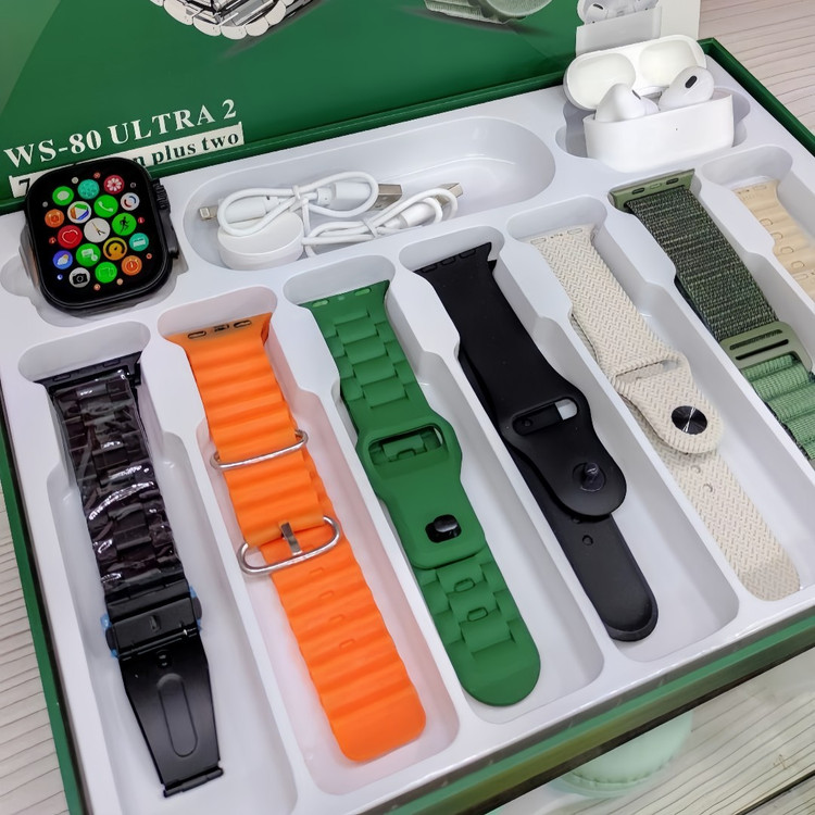ساعت هوشمند و ایرپاد مدل Wisme WS-80 Ultra 2 به همراه ایرپاد و 7 عدد بند