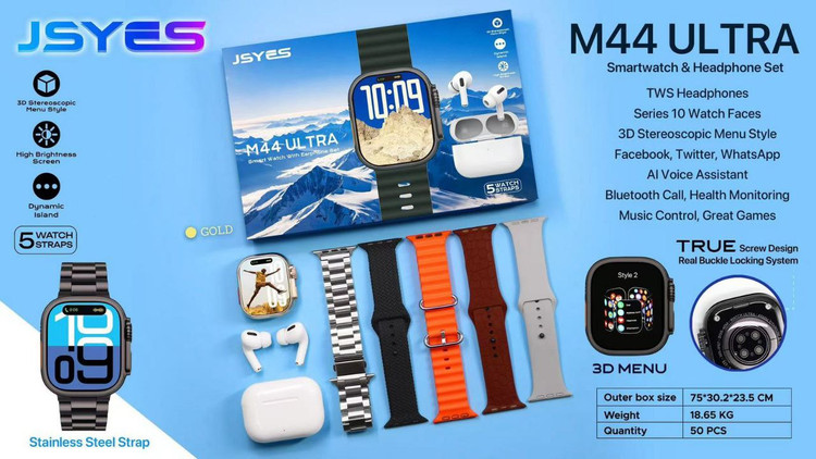 ساعت هوشمند JSYES مدل M44 ULTRA به همراه ایرپاد و 5 عدد بند